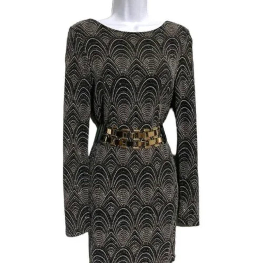 Iris Women Shiny Long Sleeve Open Back Dress Large Size